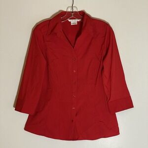 Como Top Womens Medium Red Button Up 3/4 Sleeve Stretchy Bright Vibrant Boho M